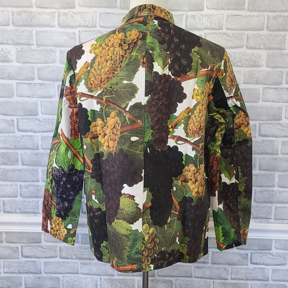 Flan Labs Printed Denim Jacket Men M Green Grapes Button Up NEW Art to Wear $495 - Picture 4 of 11